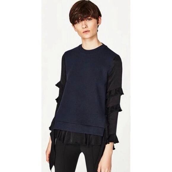 Zara Navy Blue Crew Neck Tiered Color Block Ruffle Long Sleeve Top Sweatshirt M - Picture 1 of 7